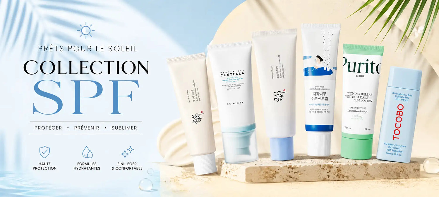 Une gamme de six tubes de crème solaire blancs, bleus et verts de marques comme centella, purito et tocobo.