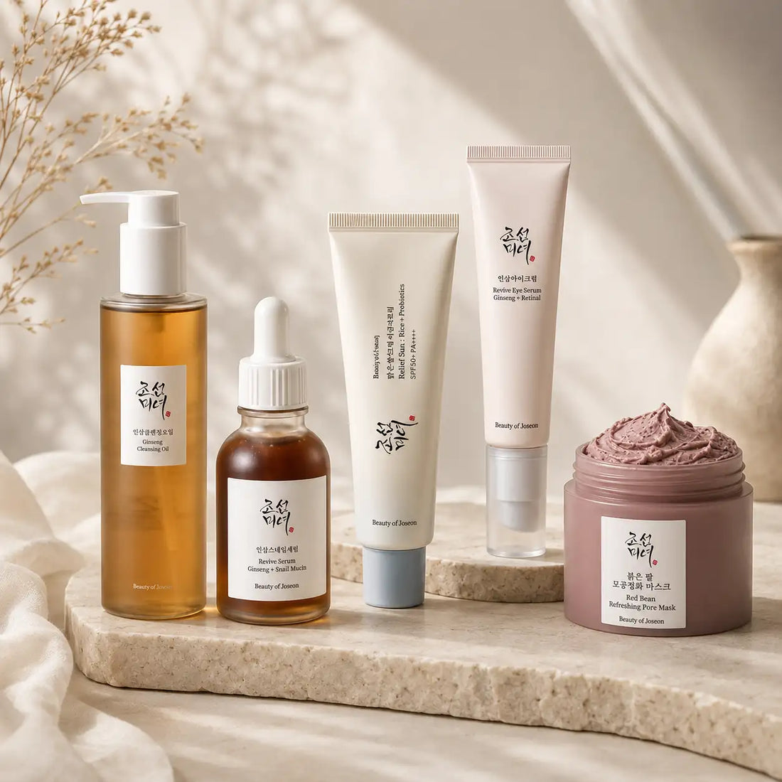 L’image montre une collection de produits de soin de la peau de la marque « beauty of joseon », présentant diverses bouteilles et tubes aux tons terreux tels que l’ambre, la crème et le rose sourd.